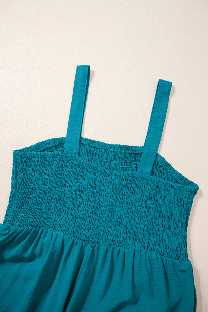 Peacock Blue Smocked Square Neck Sleeveless Jumpsuit with Pockets