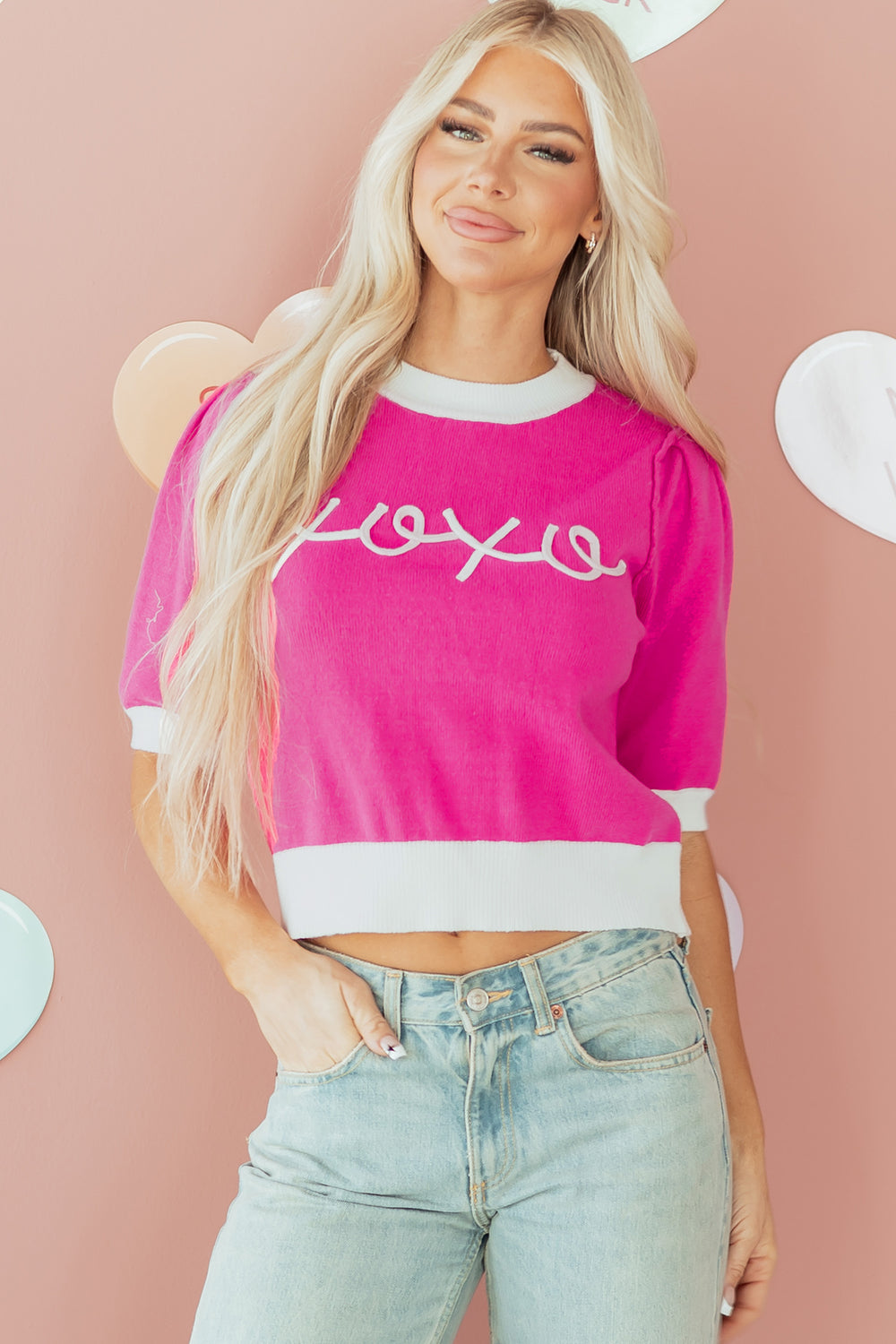 XOXO Embroidered Graphic Valentines Contrast Trim Crew Neck Short Puff Sleeve Sweater Tee