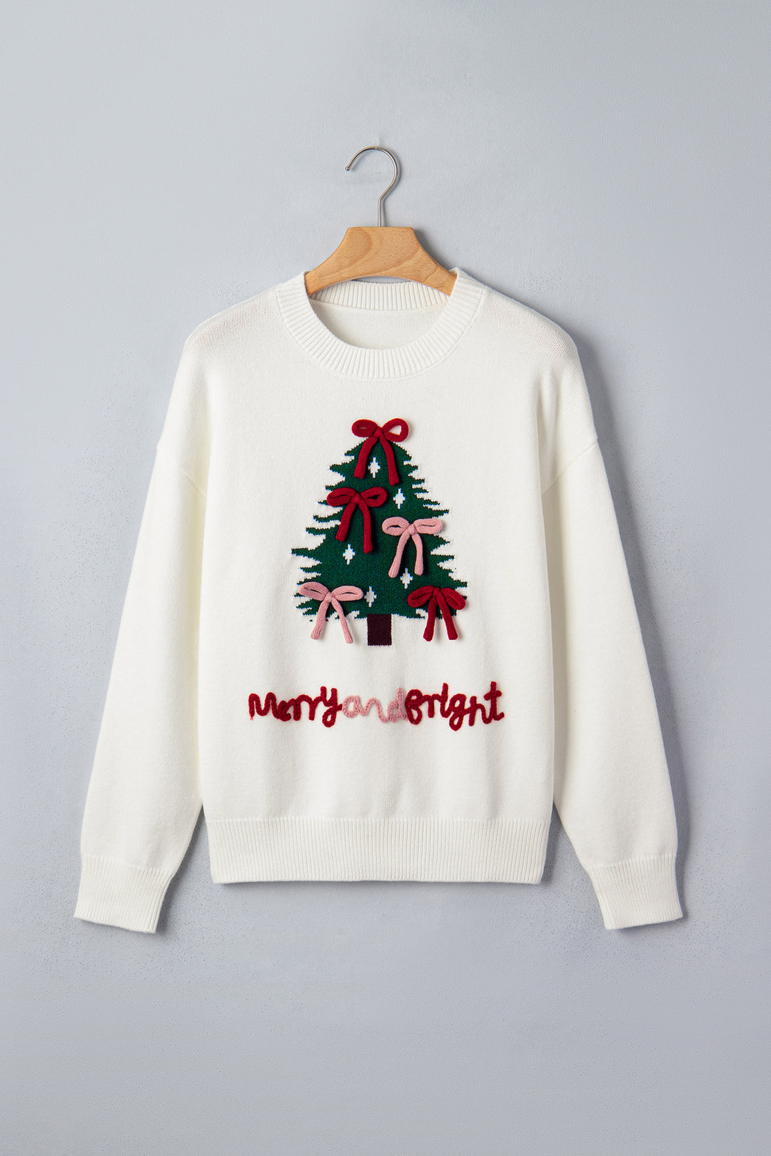 White Christmas Tree Bow Drop Shoulder Knit Sweater