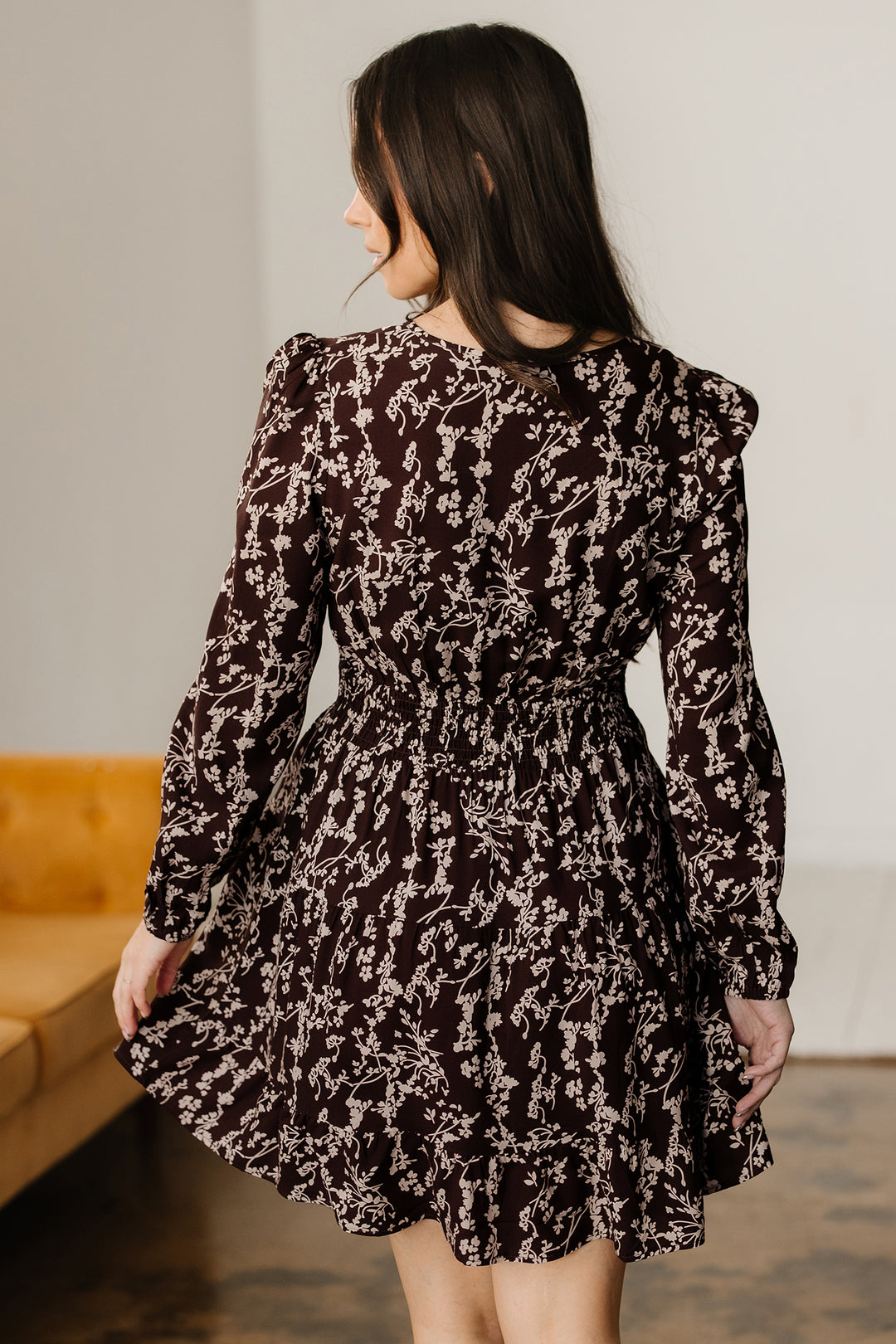 Ditsy Floral Print Split Neck Long Sleeve Shirred Waist Flared Mini Dress