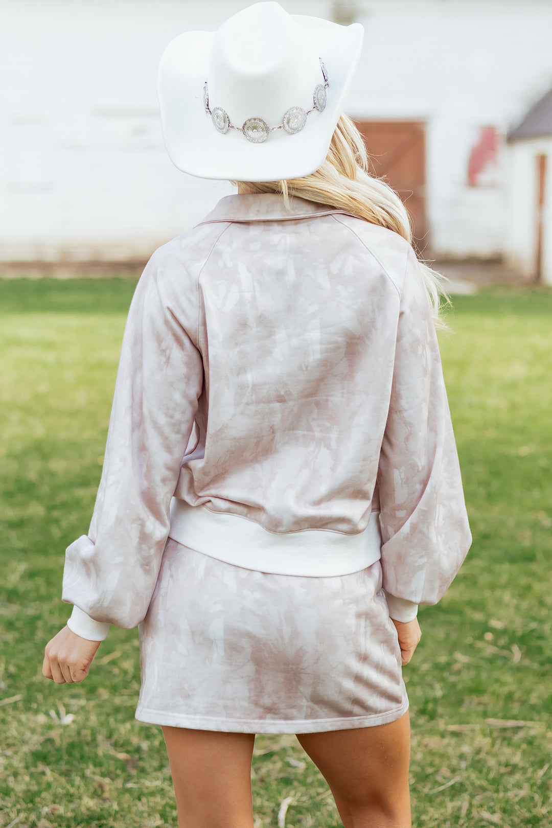 White Abstract Woodland Print Balloon Sleeve Pullover Mini Skort Set