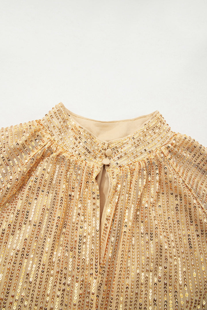 Metallic Balloon Sleeve Buttoned High Neck Loose Blouse