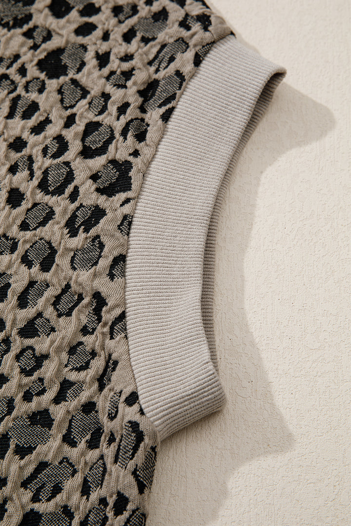 Zip up Collared Leopard Cap Sleeve Top