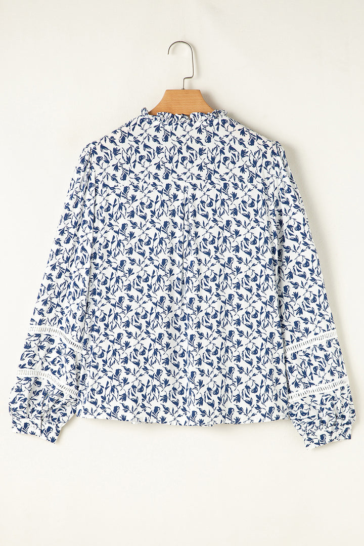 Blue Printed Lace Detail Floral Puff Sleeve Fall Shirt