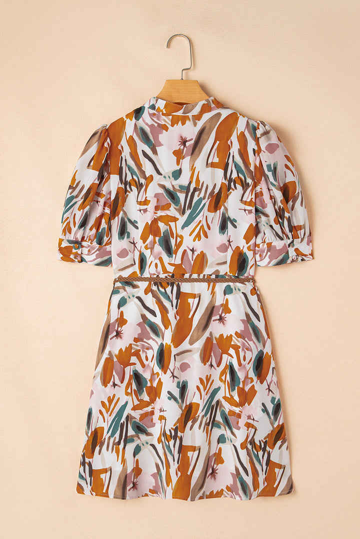 Abstract Printed Puff Sleeve Button Up Braided Belt Mini Dress