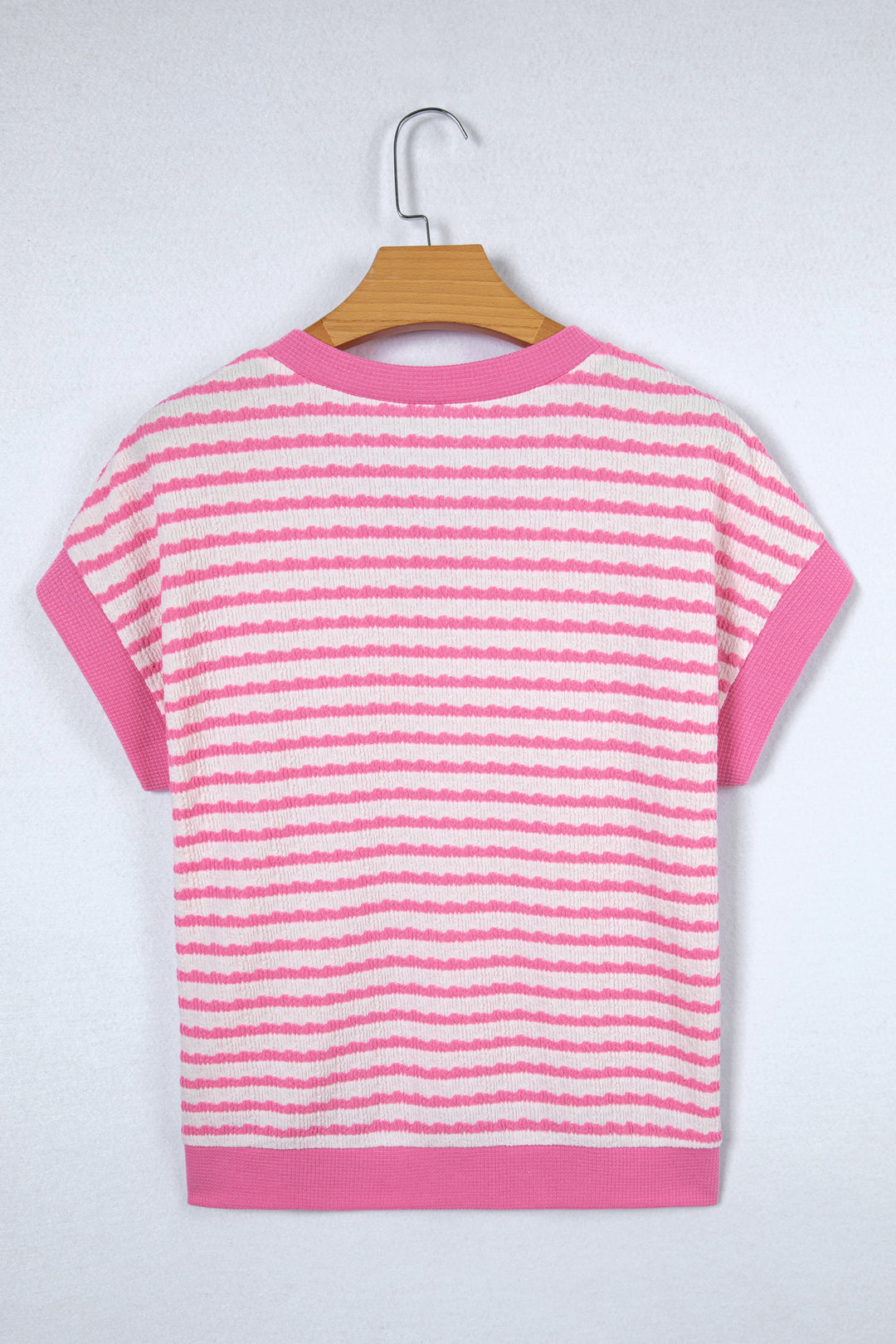 Textured Knit Contrast Trim V Neck Short Sleeve Top