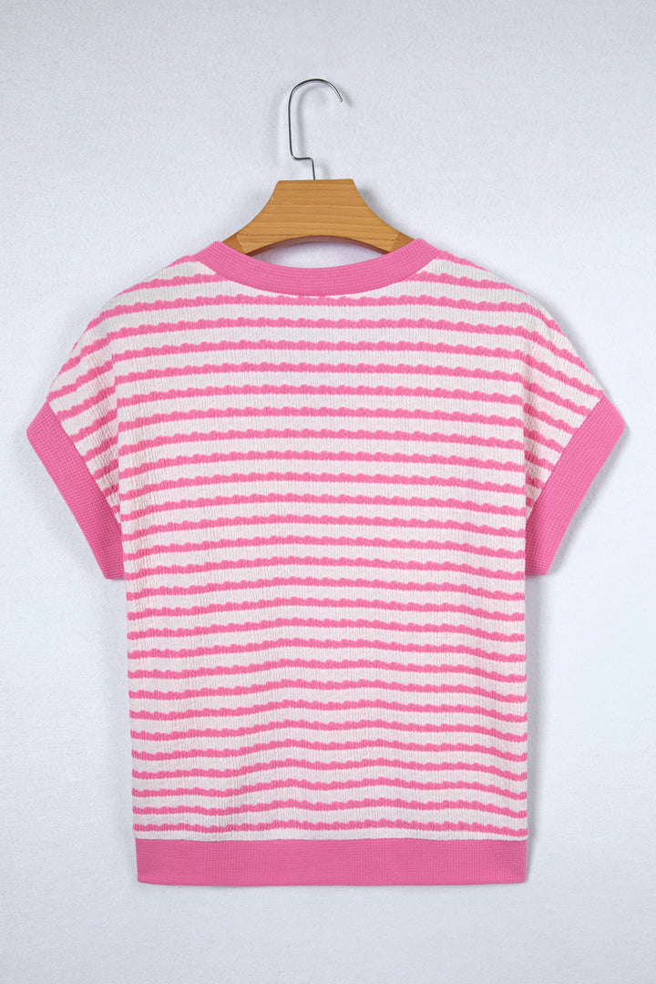 Textured Knit Contrast Trim V Neck Short Sleeve Top