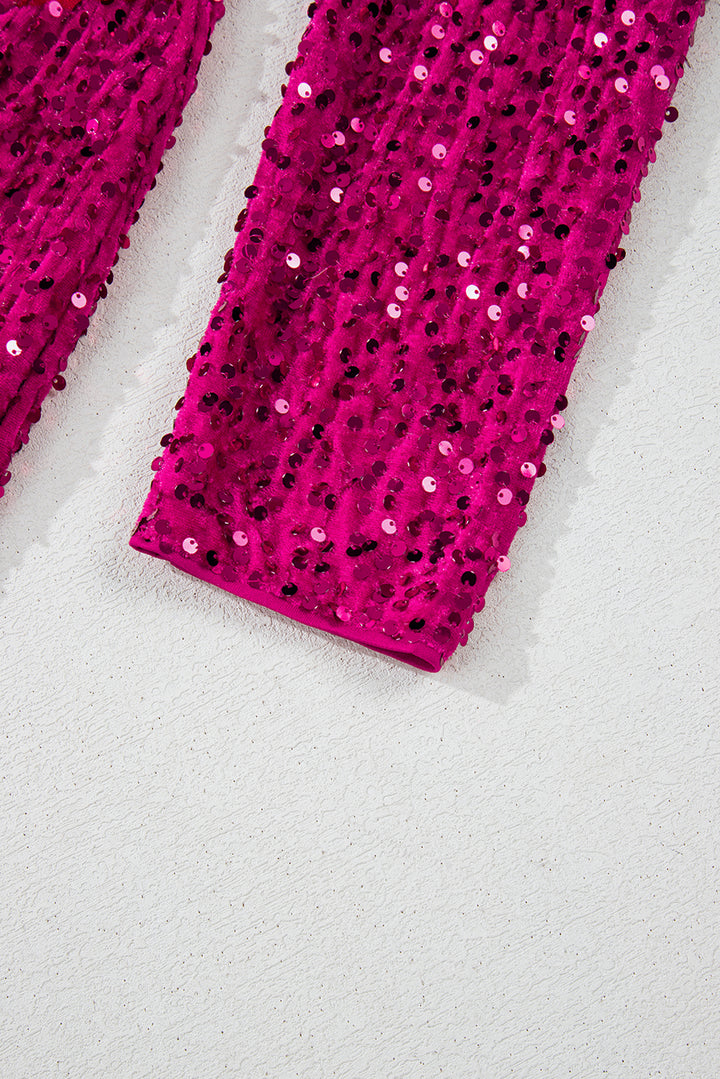Pitaya Pink Velvet Sequin Long Sleeve V Neck Wrapped Party Mini Dress