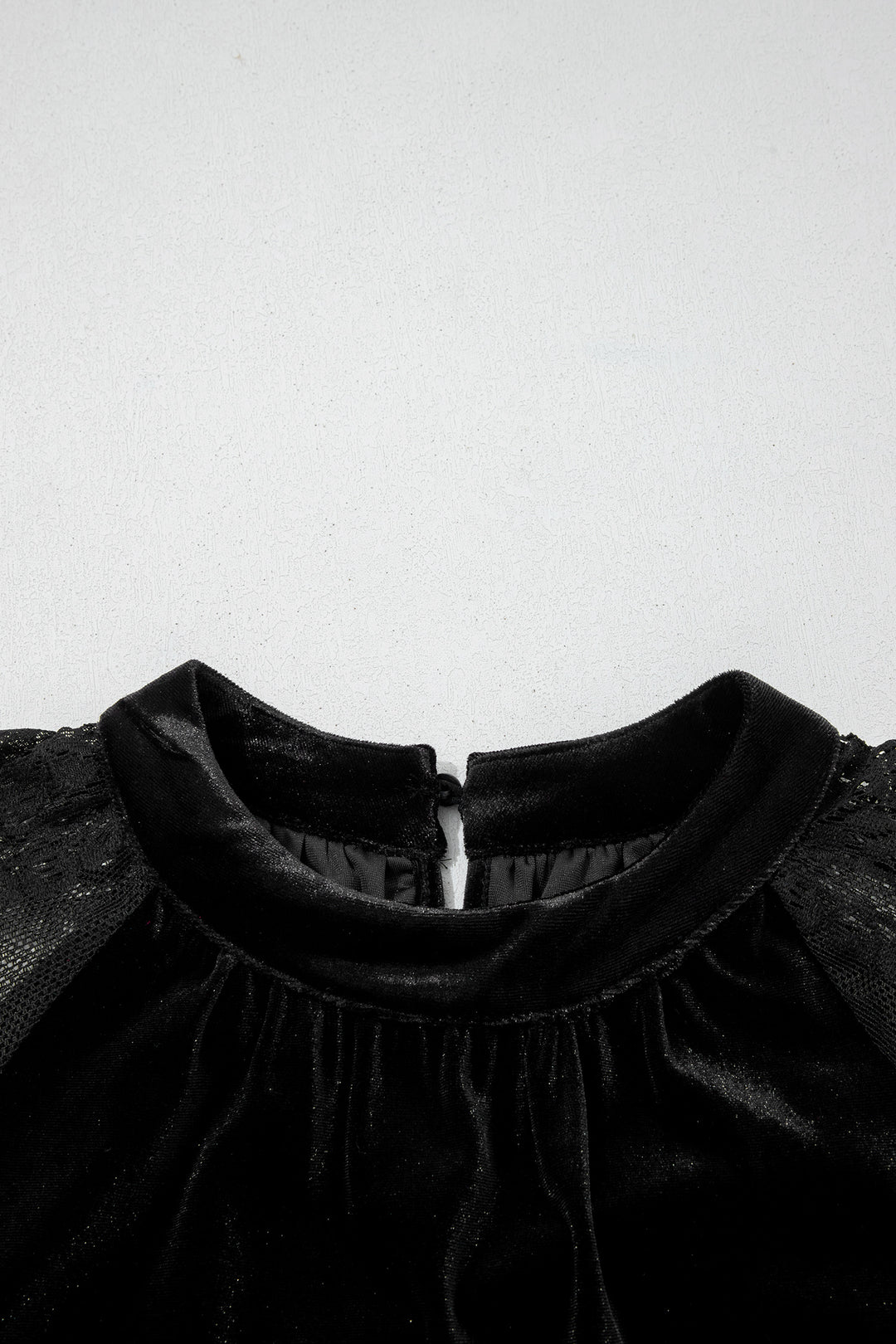 Black Sheer Lace Long Sleeve Patchwork Stand Neck Velvet Blouse