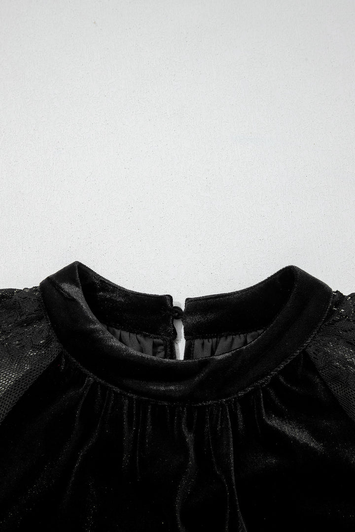 Black Sheer Lace Long Sleeve Patchwork Stand Neck Velvet Blouse