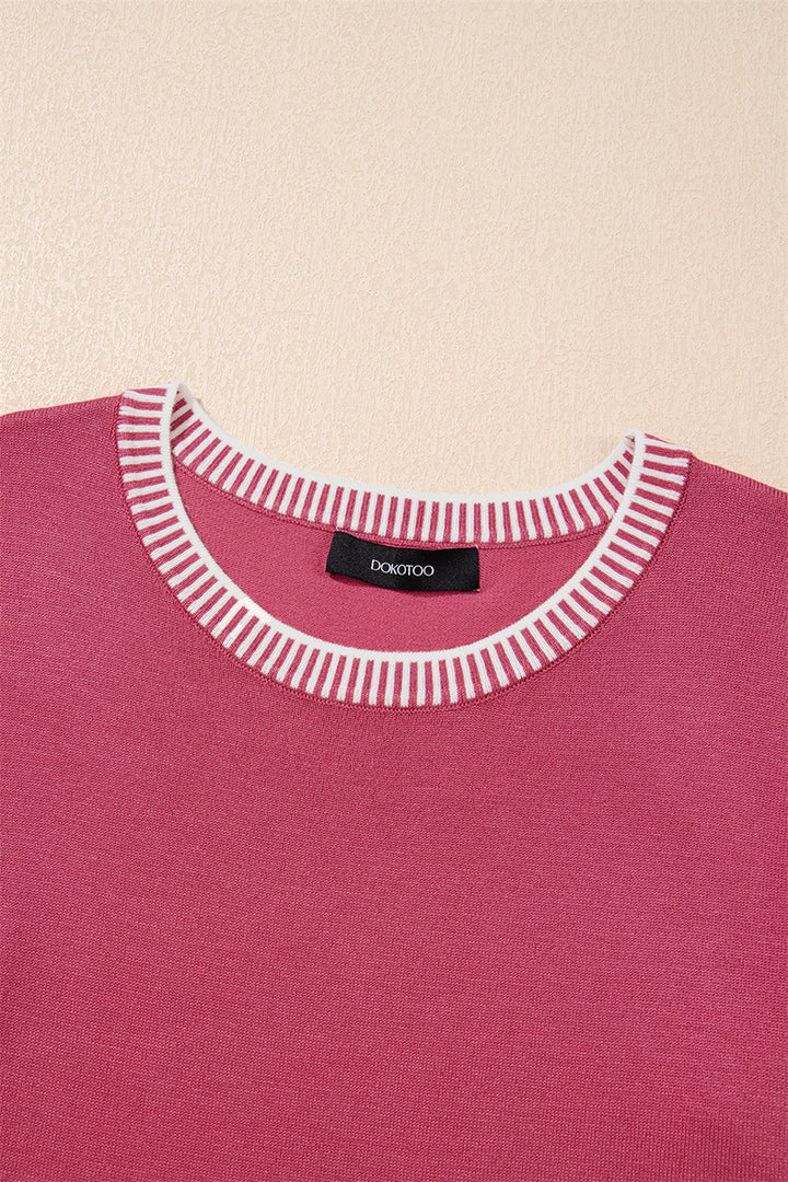 Contrast Striped Trim Round Neck Half Sleeve Sweater
