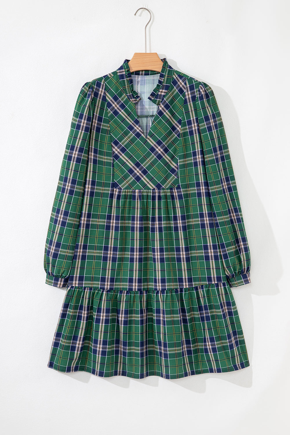 Plaid Print Frilly Collar Long Sleeve Shift Mini Dress
