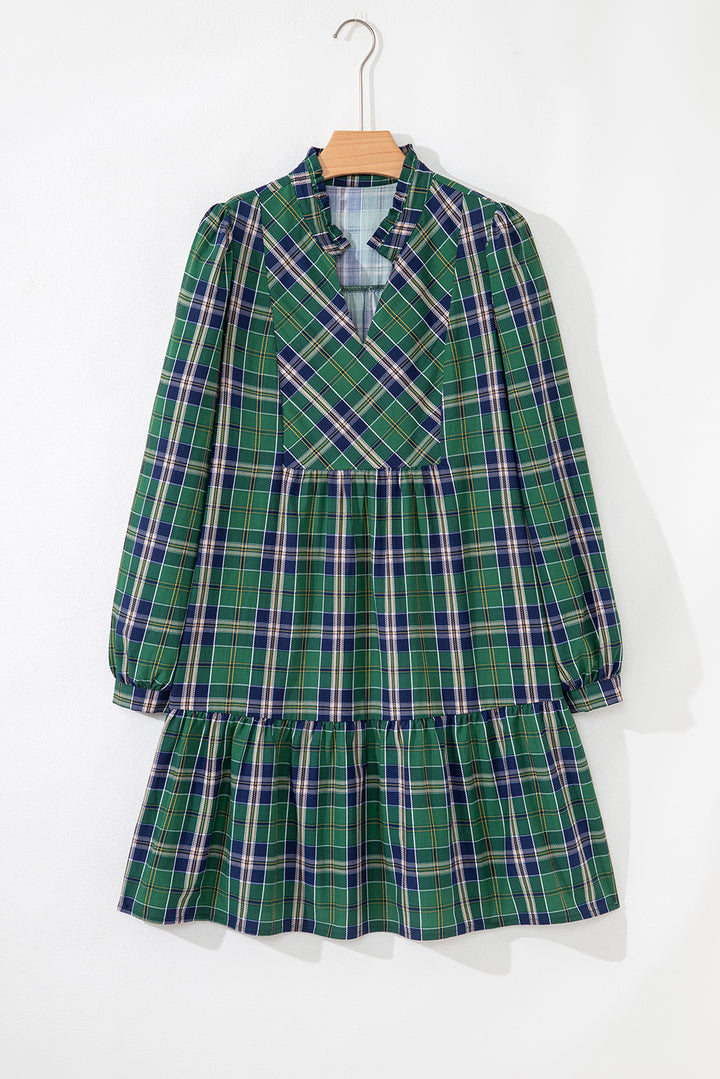 Plaid Print Frilly Collar Long Sleeve Shift Mini Dress
