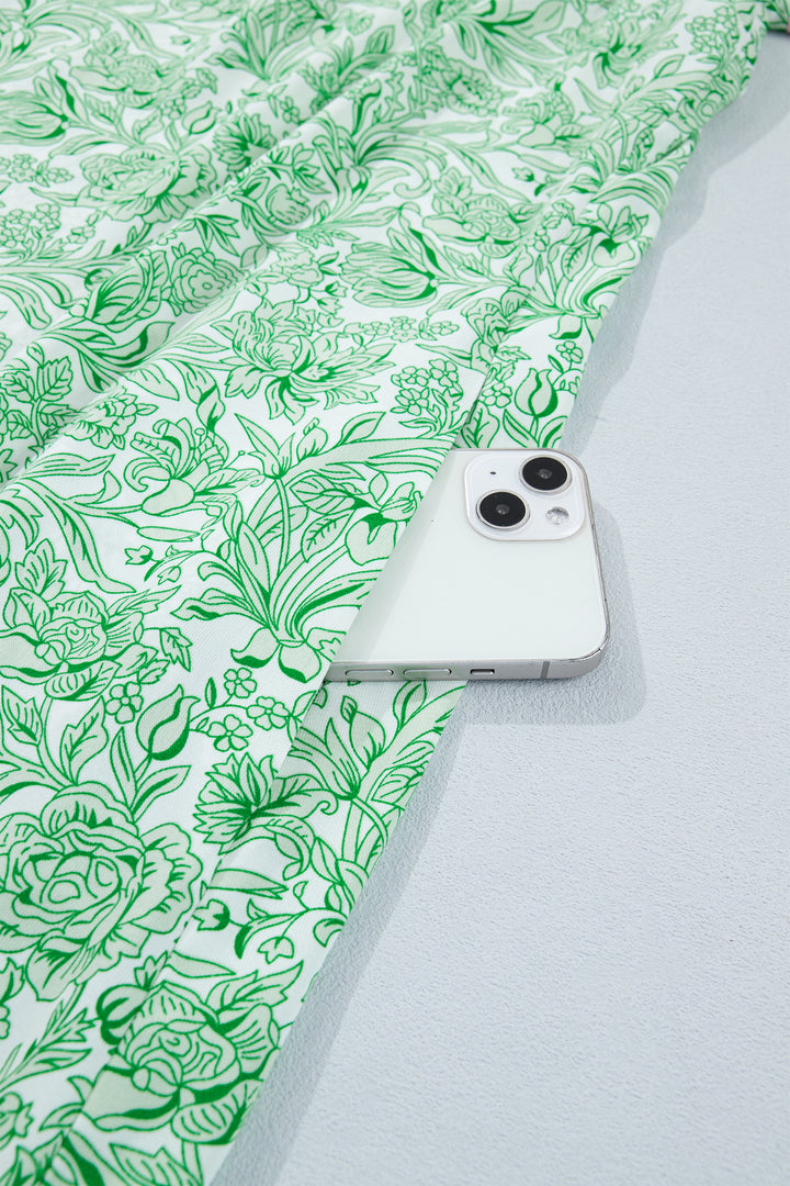 Green Contrast Trim Flutter Sleeve Floral Kaftan Plus Size Maxi Dress