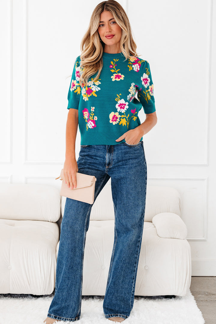 Flower Pattern Mock Neck Short Sleeve Knitted T Shirt