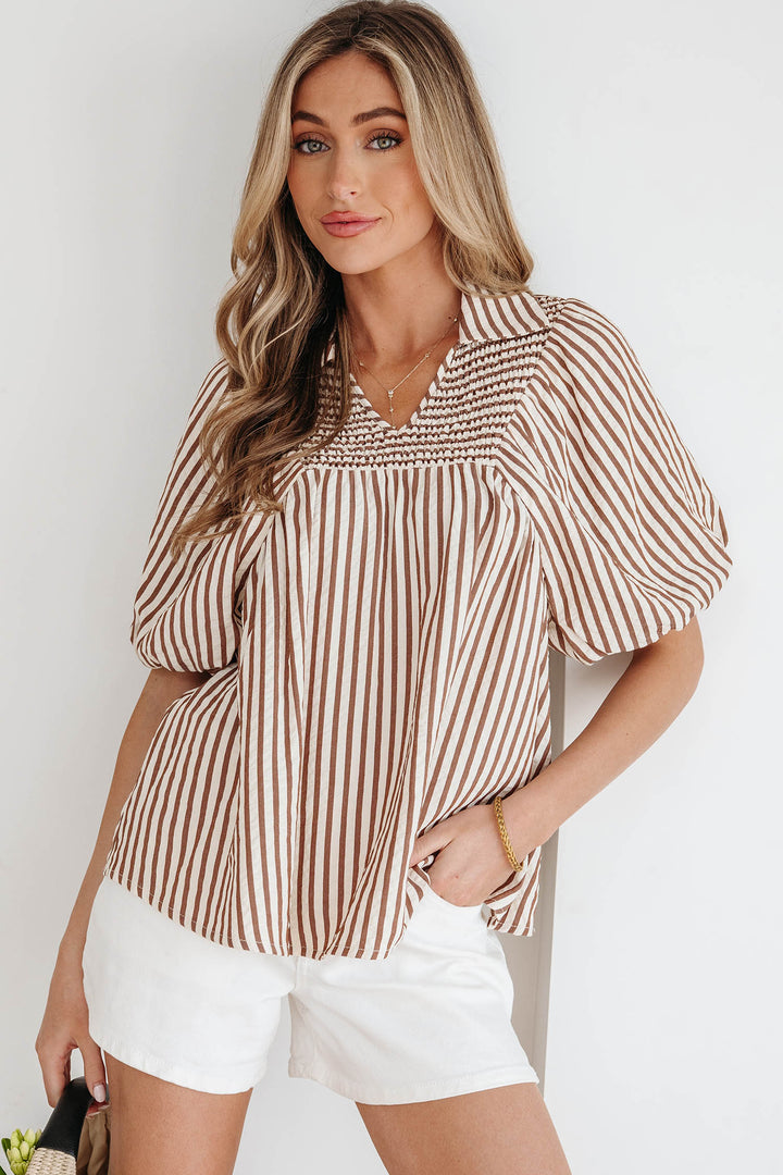 Shirred V Neck Short Puff Sleeve Blouse