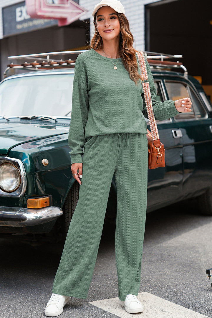 Smoke Green Textured Round Neck Sweatshirt &amp; Loose Drawstring High Waist Pant Set