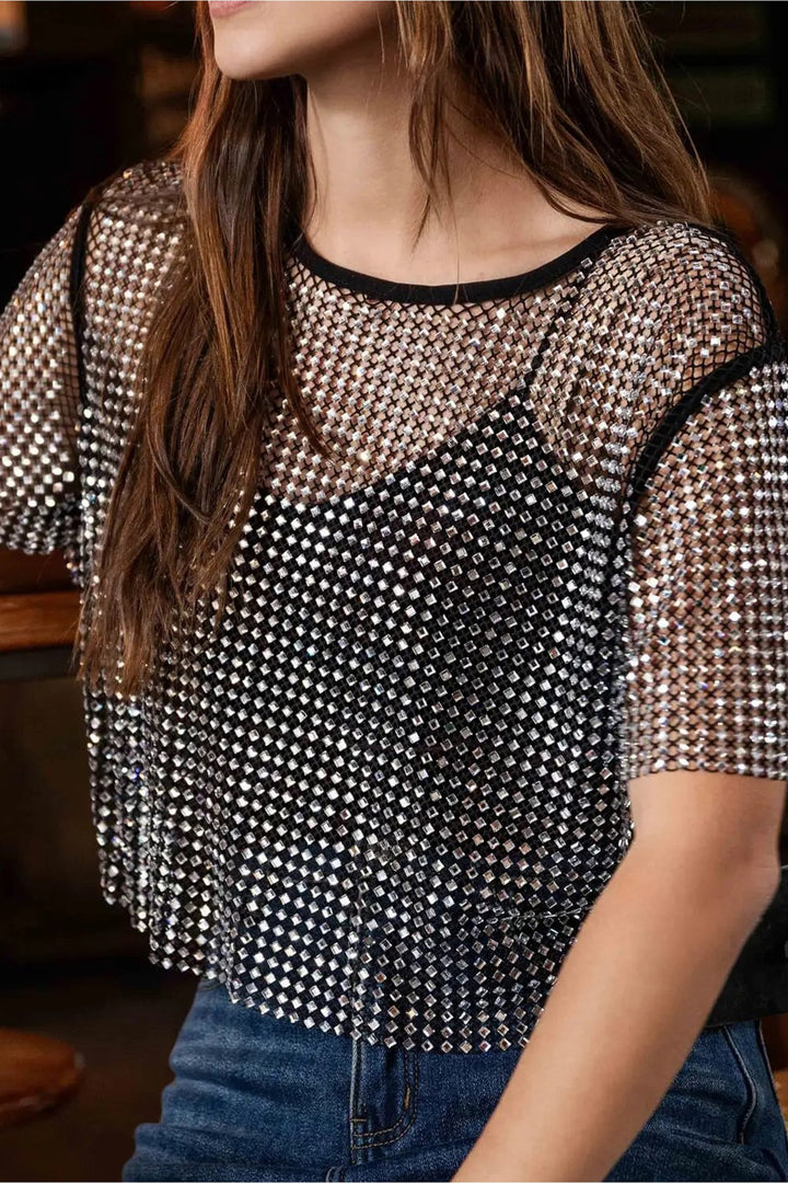 Color black Rhinestone Mesh Round Neck Raw Hem T Shirt