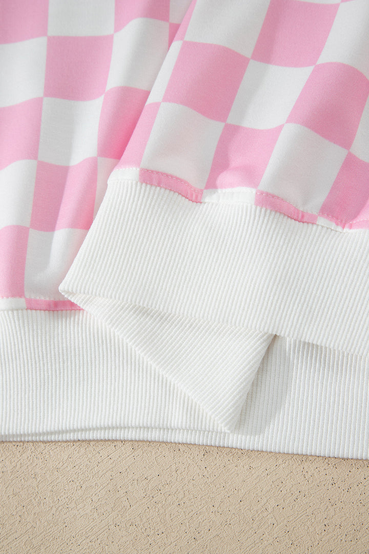 Pink Checkered Print Color Block Trim Mock Neck Short Set