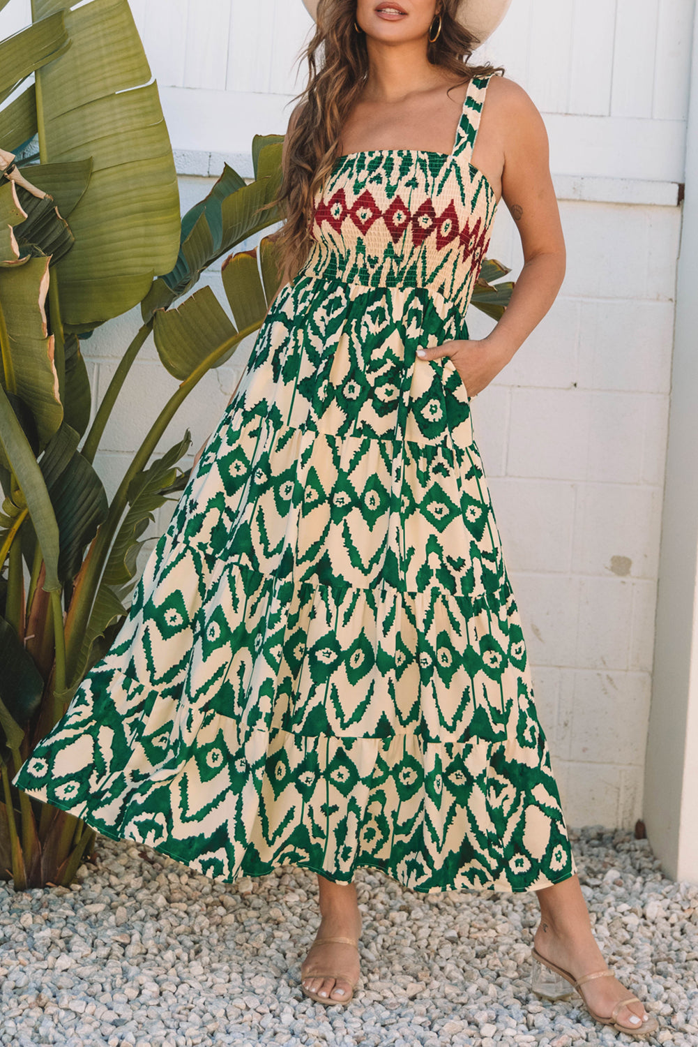 western aztec shirred a line sleeveless maxi dress