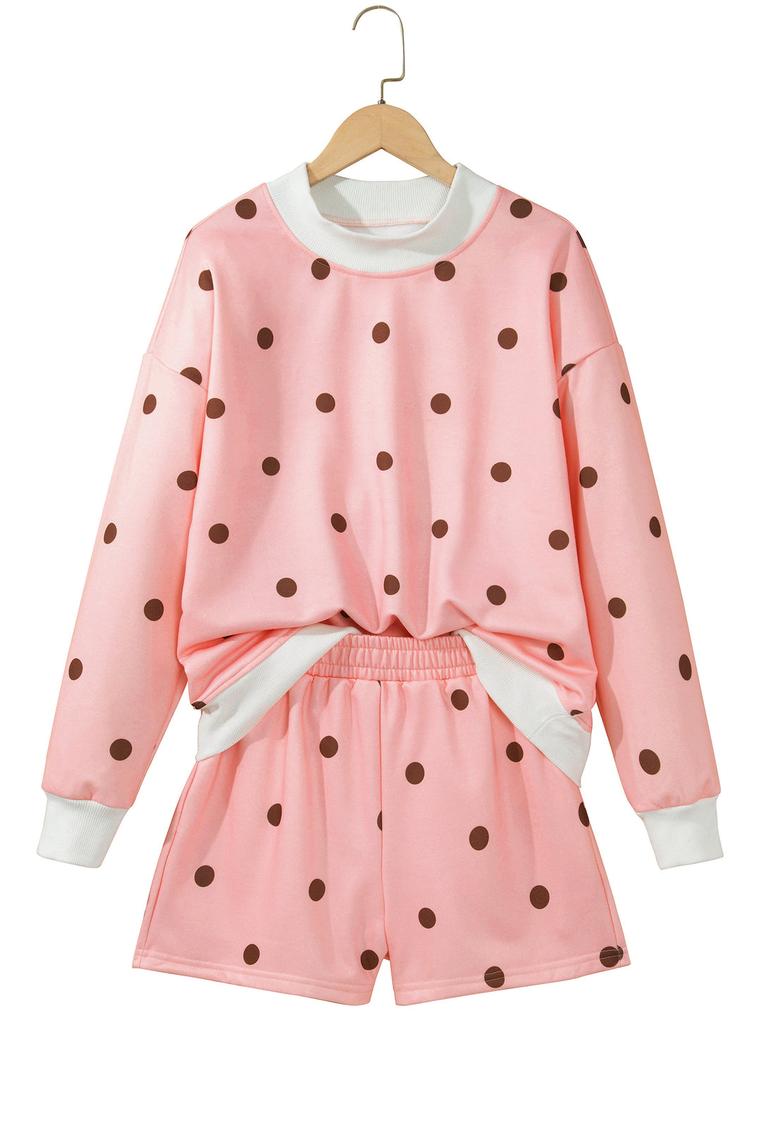 Pink Polka Dot Ribbed Trim Long Sleeve Top Casual Short Set