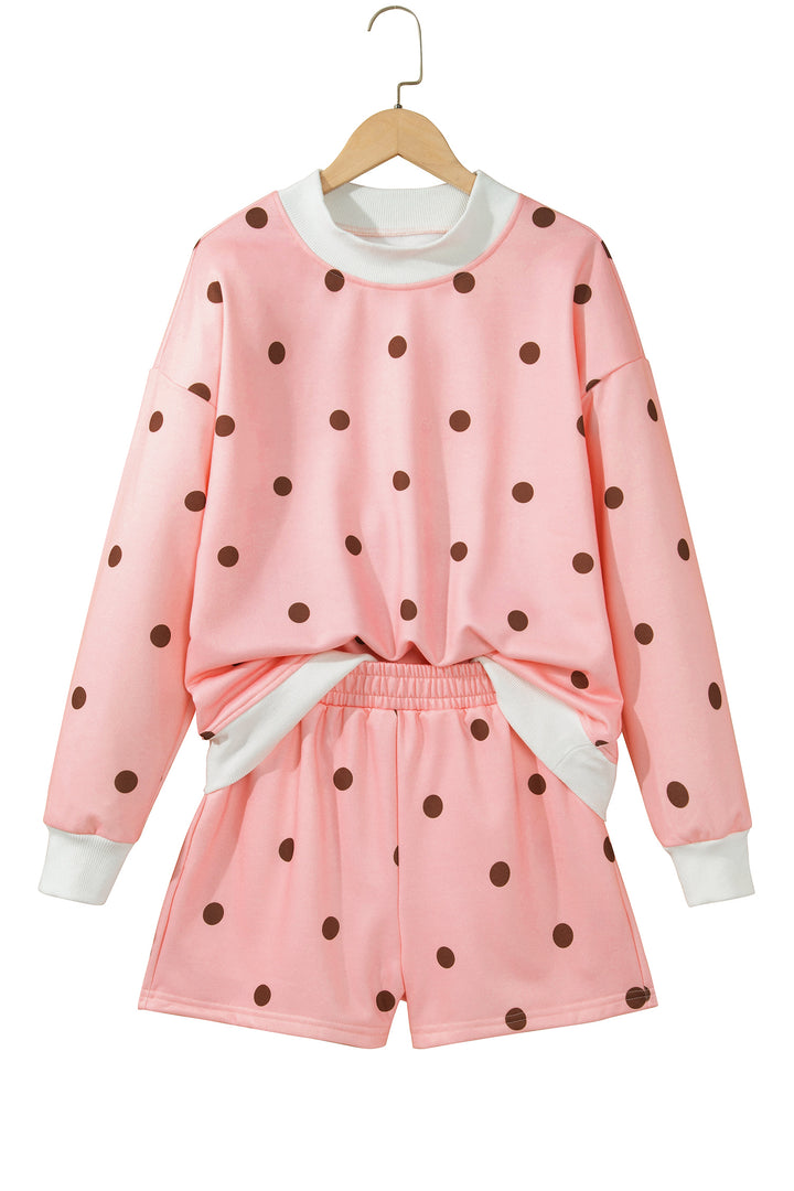 Pink Polka Dot Ribbed Trim Long Sleeve Top Casual Short Set