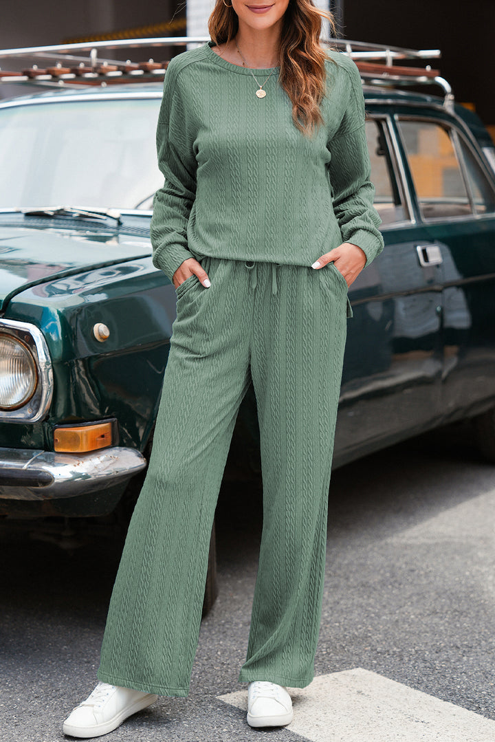 Smoke Green Textured Round Neck Sweatshirt &amp; Loose Drawstring High Waist Pant Set