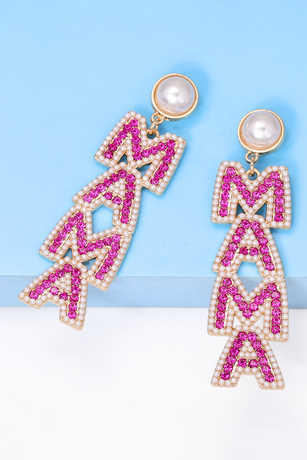 MAMA Rhinestone Pearl Dangle Stud Earrings