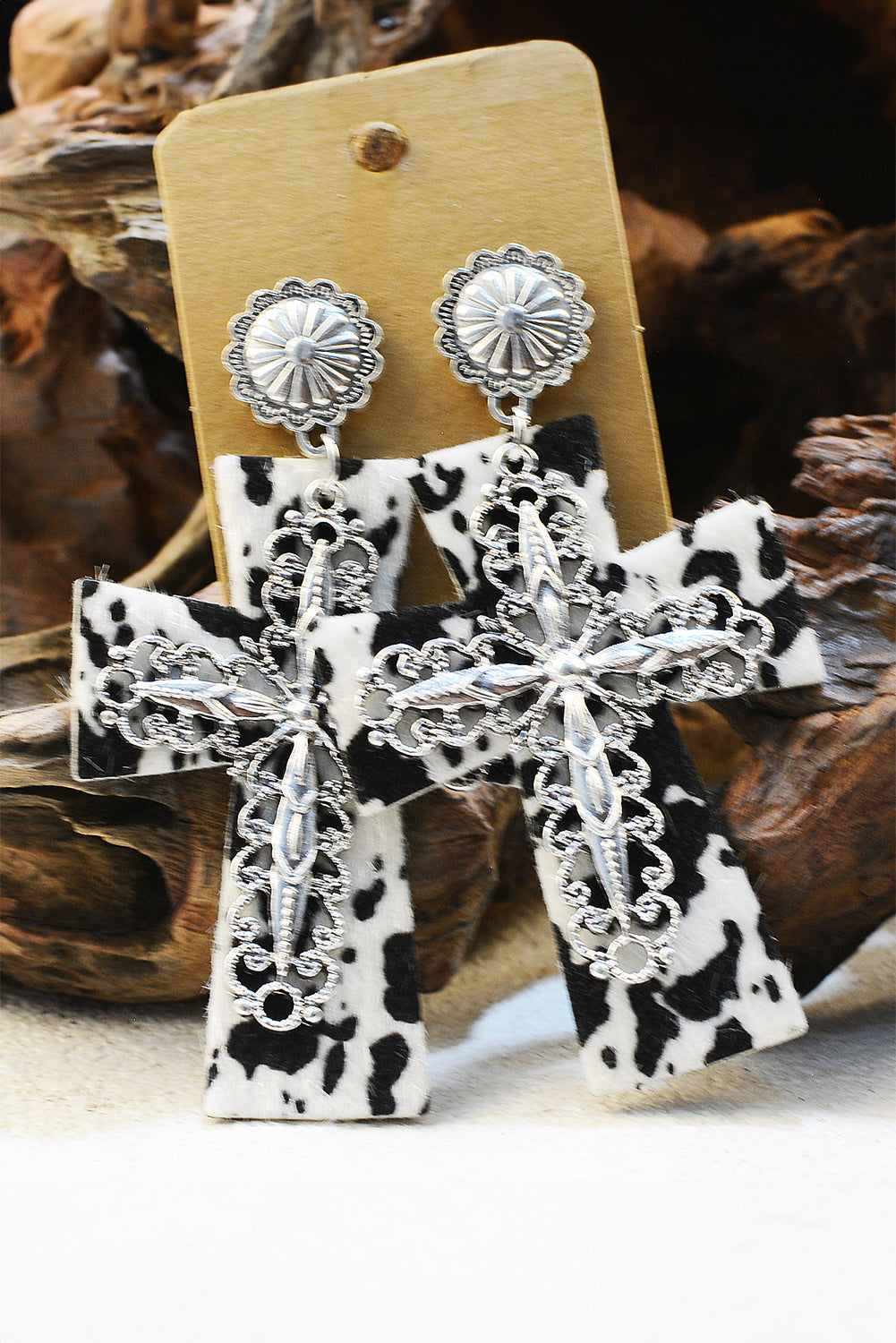 Boucles d'oreilles pendantes à motif vache et croix de foi