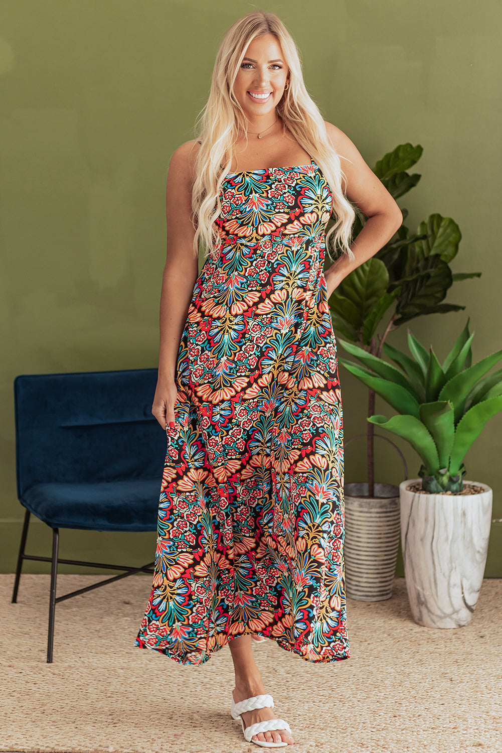 Boho Floral Print Thin Straps Sleeveless High Waist Maxi Dress