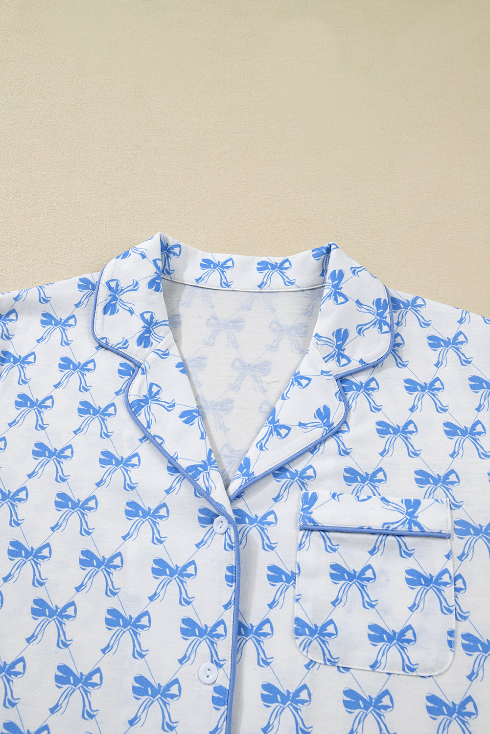 Sky Blue Bow Print Long Sleeve Shirt and Pants Soft Pajama Set