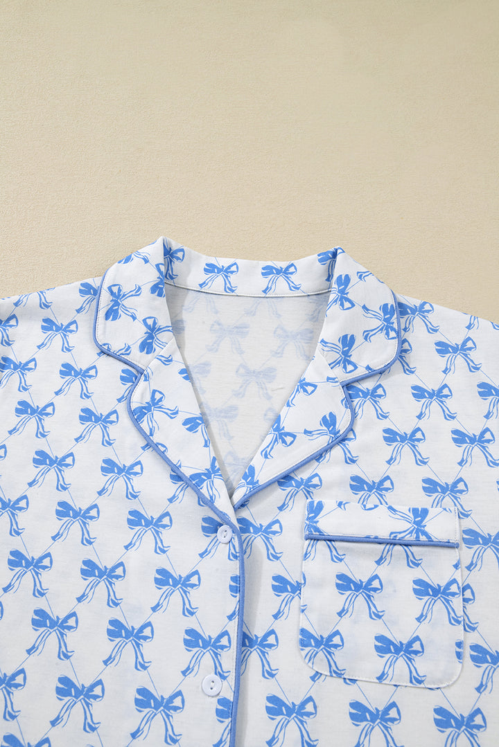 Sky Blue Bow Print Long Sleeve Shirt and Pants Soft Pajama Set