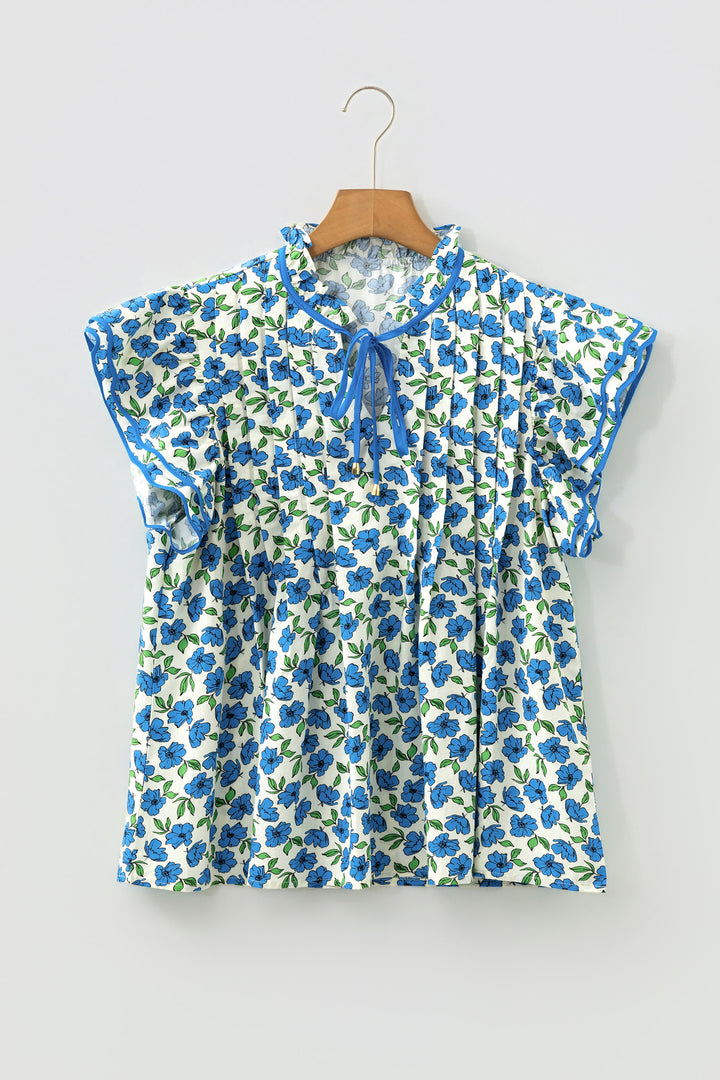 Tiered Flutter Sleeve Pleated Flower Blouse