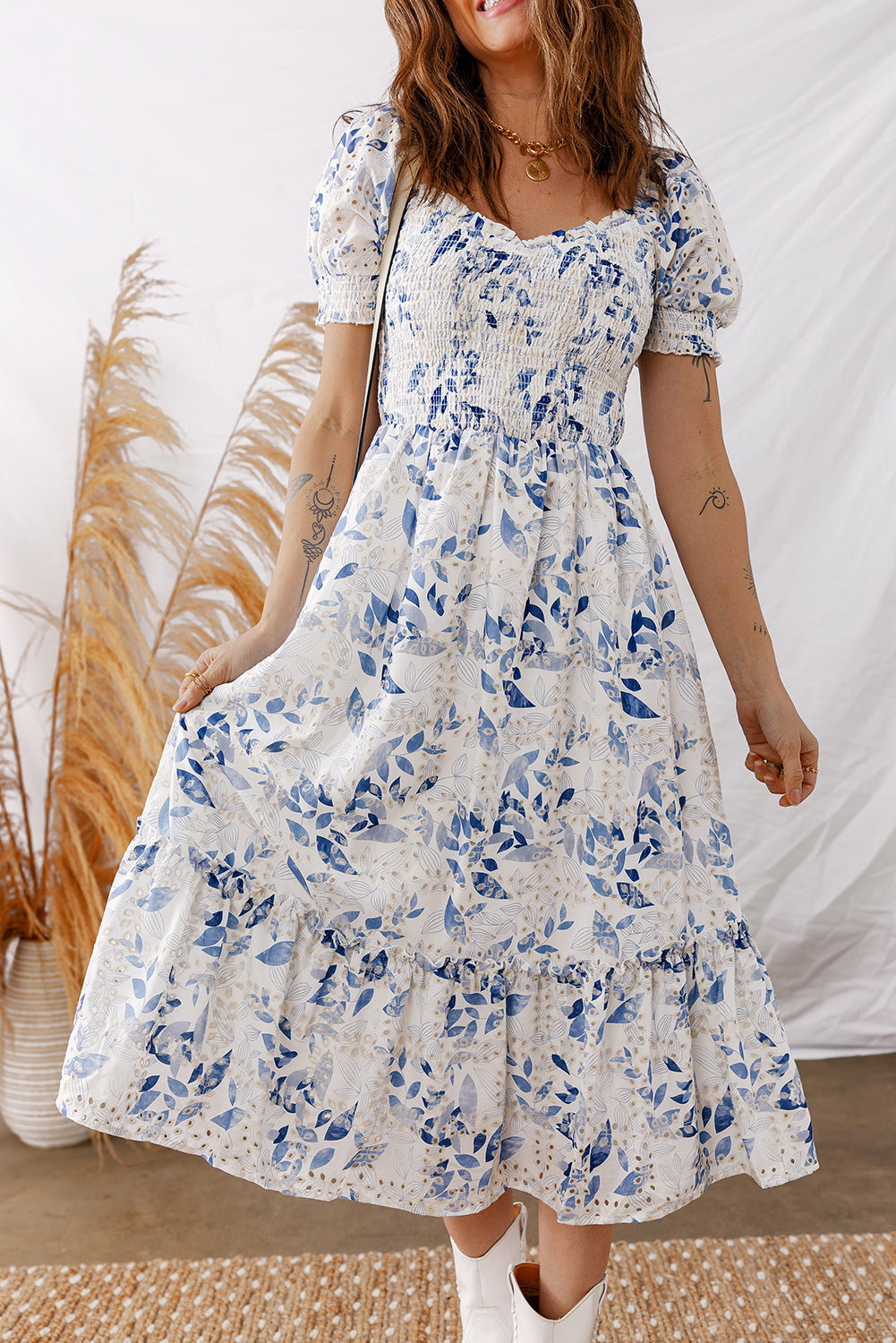 Smocked Bodice Short Puff Sleeve Tiered Floral Midi Dress