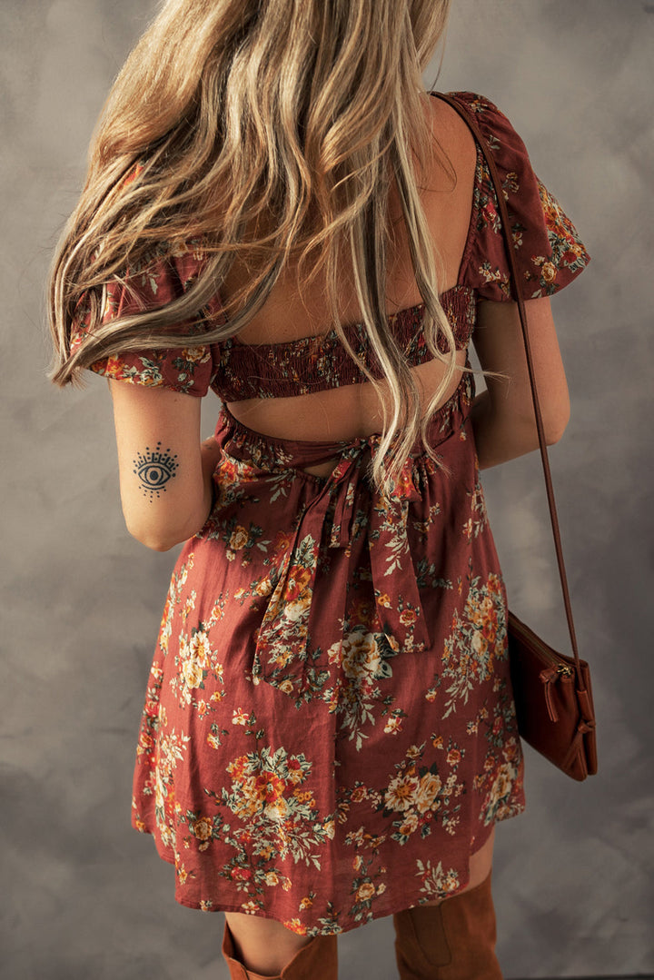floral puff sleeve square neck knot open back mini dress