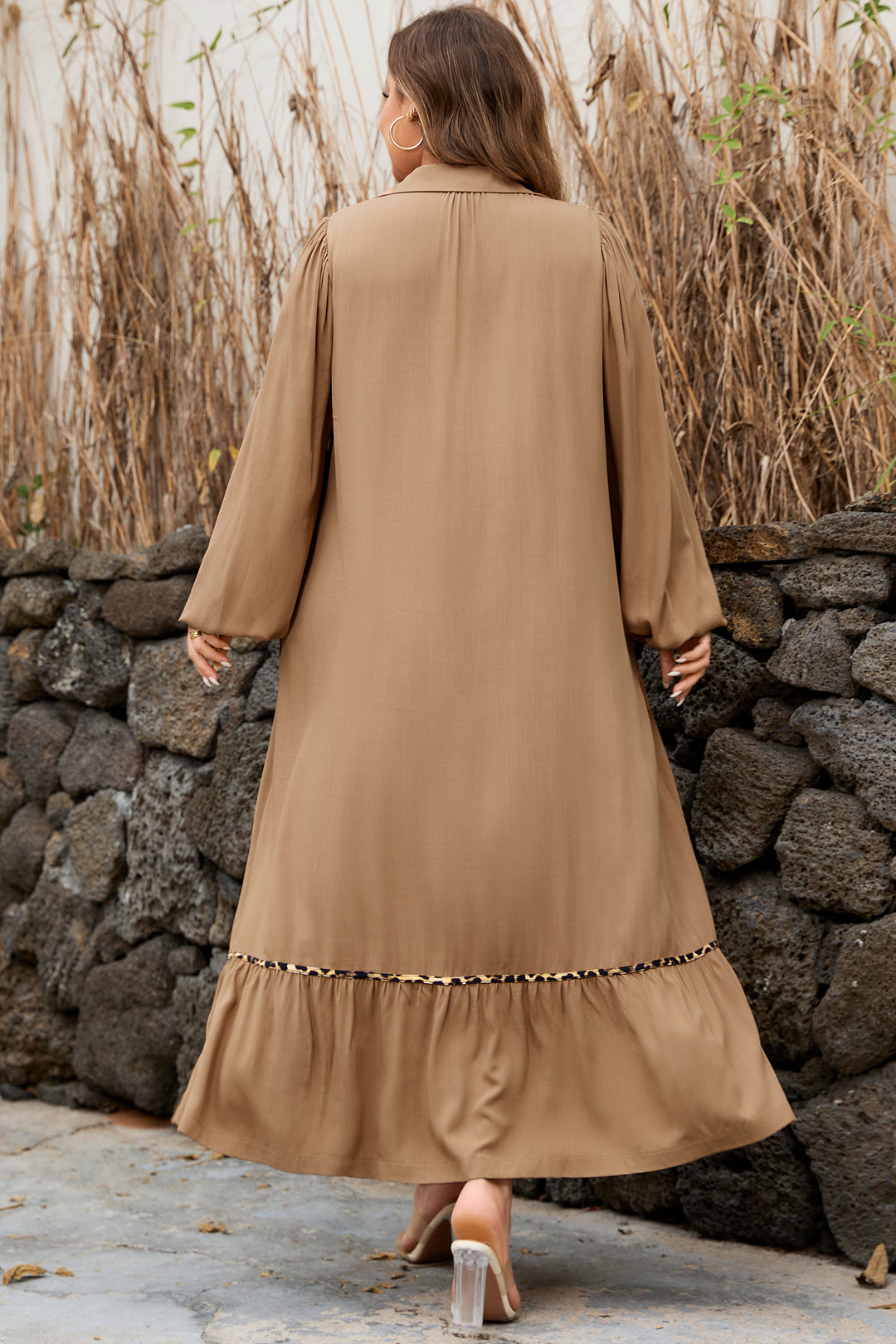 Chestnut Smocked V Neckline Leopard Piping Plus Size Long Dress