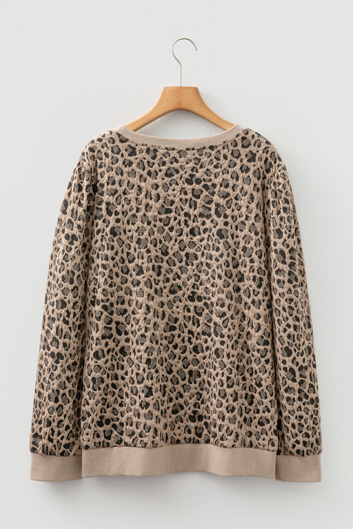Khaki Leopard Textured Ribbed Trim Plus Size Long Sleeve Top