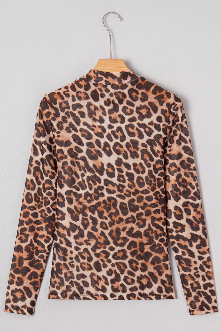 Leopard Mock Neck Long Sleeve Mesh Top