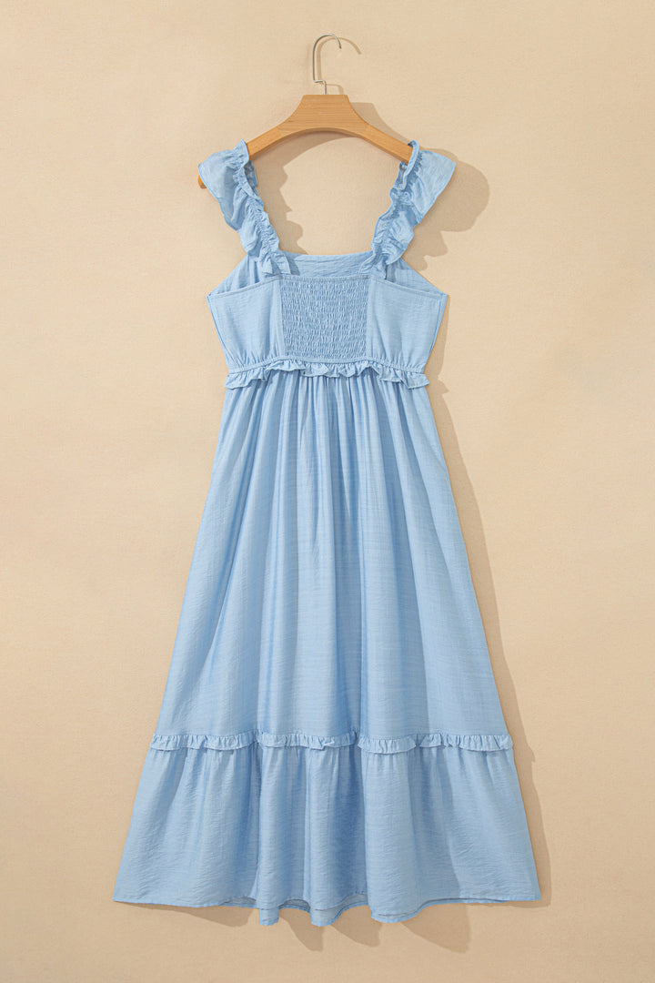 Beau Blue Solid Color Ruffle Trim High Waist Sleeveless Maxi Dress