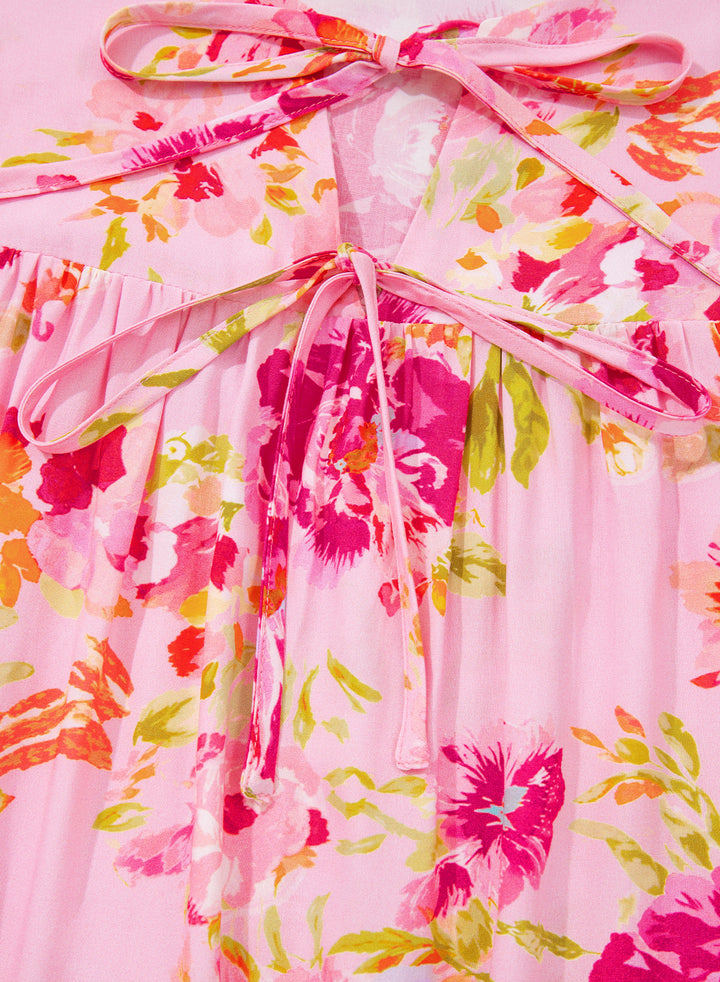 Pink Floral Print Tie Neck Puffy Half Sleeve Blouse