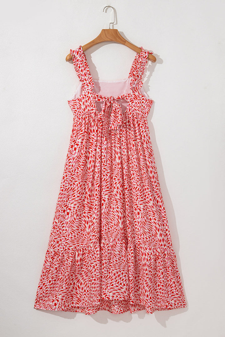 geometric print knot back sleeveless ruffle hem dress