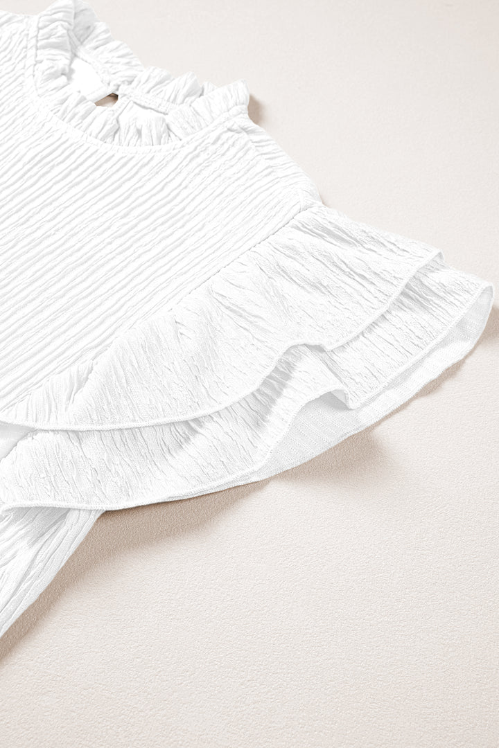 White Textured Ruffle Trim Short Sleeve Blouse