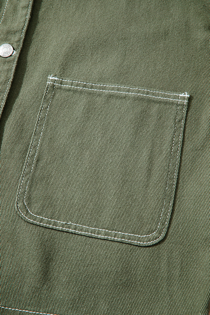 Patched Pocket Collared Button Front Boyfriend Denim Jacket