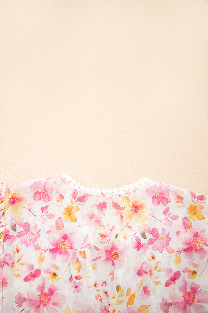 Floral Print Tassel Tie Smocked V Neck Puff Sleeve Tunic Blouse