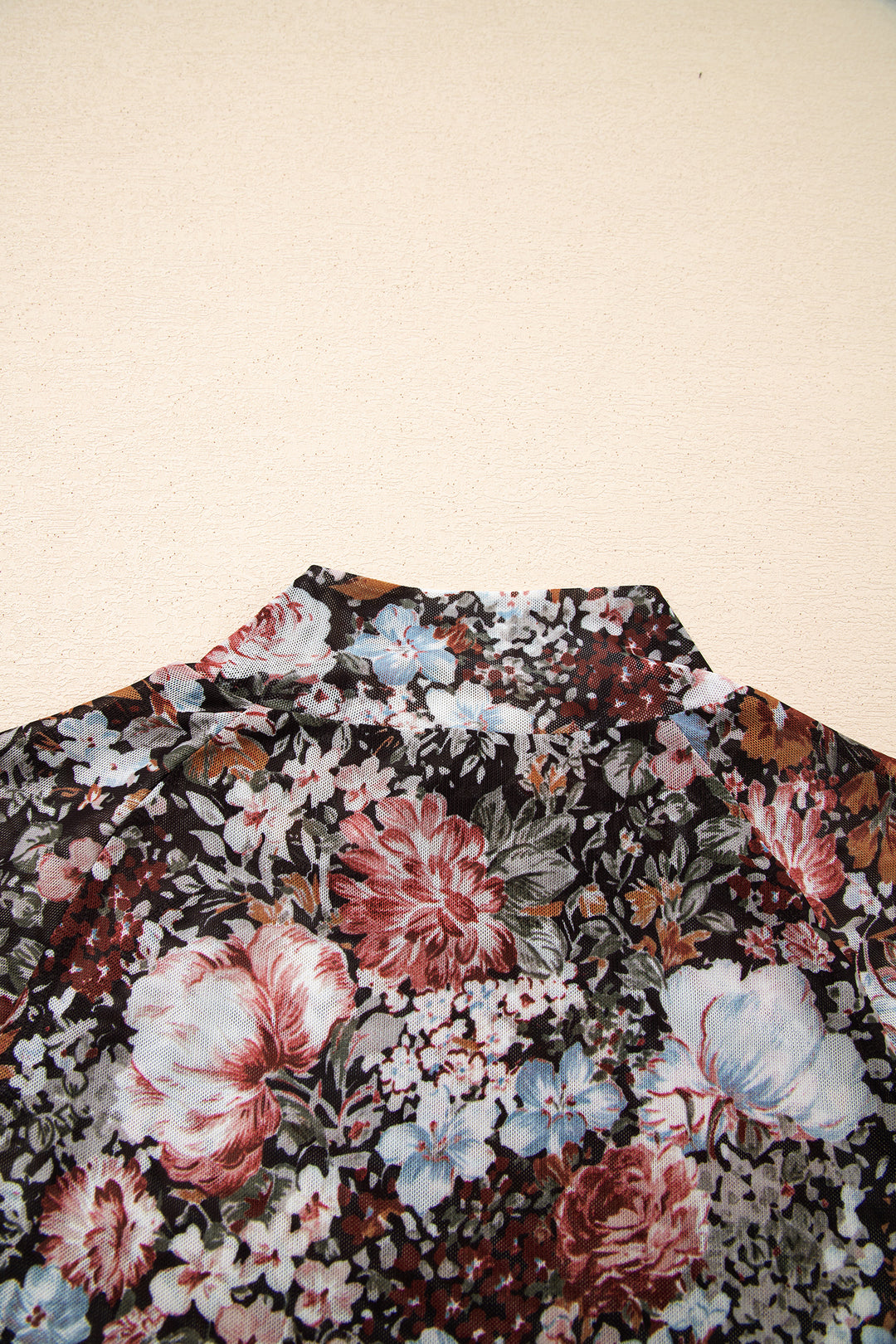 Floral Print High Neck Short Sleeve Mesh Top