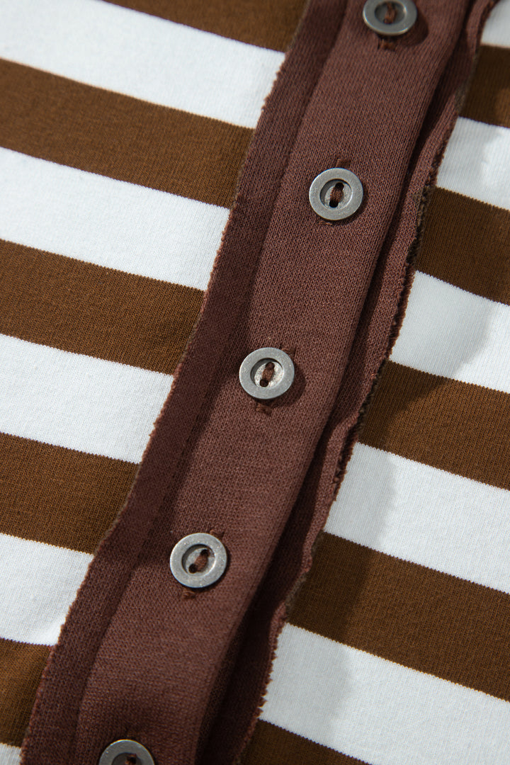 Khaki Stripe Striped V-Neck Button Tunic Ribbed Cuffs Long Sleeve Plus Size Sweatshirt