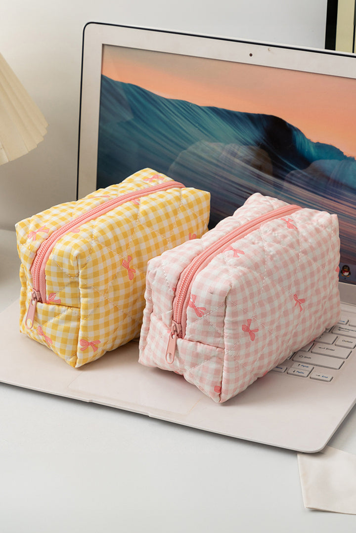Sweet Bow Knot Print Quilted Zipper Cosmetic Bag