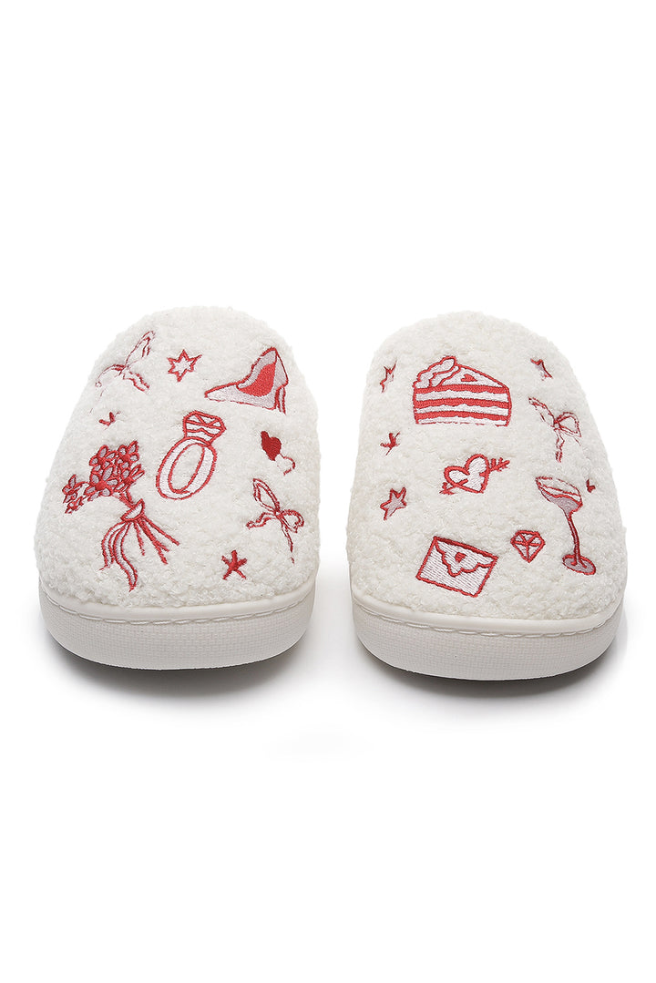 Plush Asymmetric Wedding Doodles Embroidered Slippers