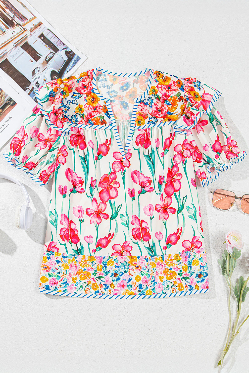 floral print striped detail split neck short sleeve blouse