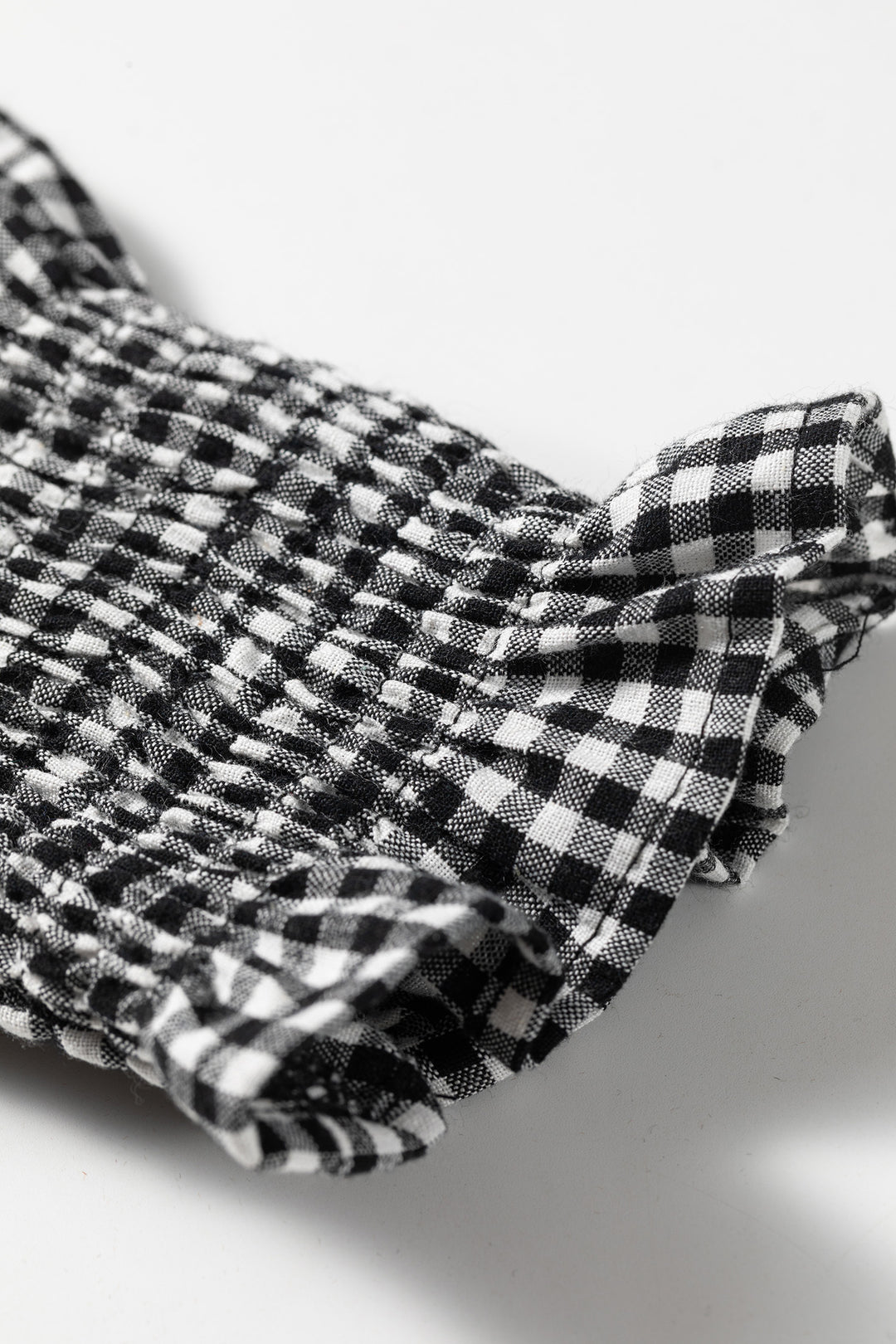 Black Plaid Shirred Cuff Long Sleeve Round Neck Blouse